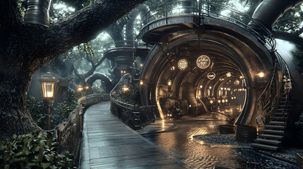 Steampunk treetop village walkway, ambient lighting, fantasy forest background, sci-fi illustration