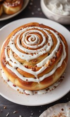 Fototapeta premium Warm cinnamon roll with white icing and sprinkles on a plate, sweet indulgence, springtime treats, sweet pastry
