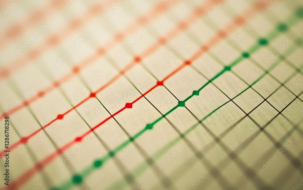 Poster a close-up image of a colorful graph showing fluctuations with red and green lines, representing dat