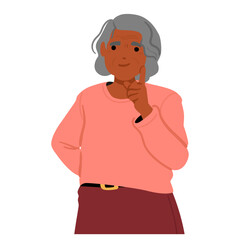 Elderly woman cartoon character feeling pensive, thoughtful trying to make choice and find solution