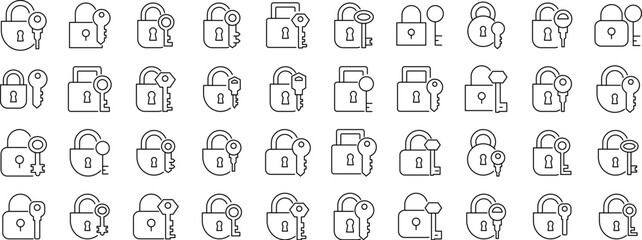 Lock and Key Line Icon Collection. Outline Signs for Graphic and Web Design, Apps, Adverts, Various Cards