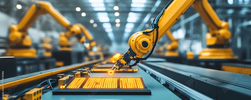 Poster a close-up of robotic arms in a factory setting, efficiently assembling electronic components on a p