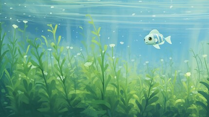 Fototapeta premium A peaceful underwater coral reef with vibrant marine life, right empty space, light turquoise background,generative ai illustration