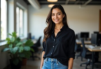 Professional Portrait Young Woman Dark Hair Warm Smile Office Environment Casual Business Attire Black Shirt Blue Jeans Natural Lighting Soft Focus Background Modern Corporate Space