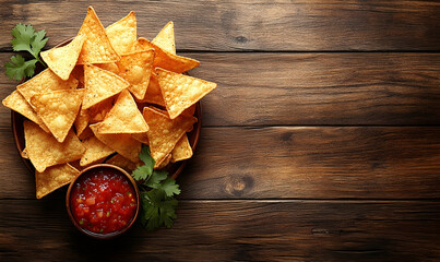 Tortilla chips with salsa on wooden table