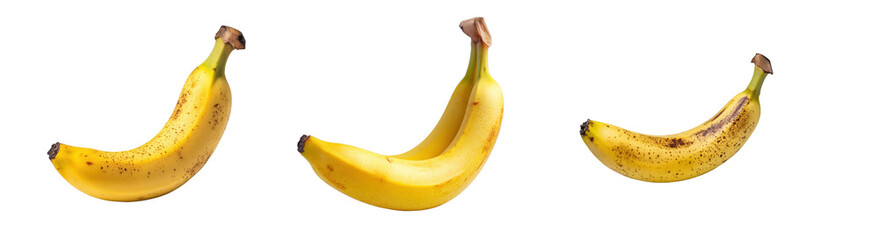 Three Yellow Bananas in Various Stages of Ripeness on White Background