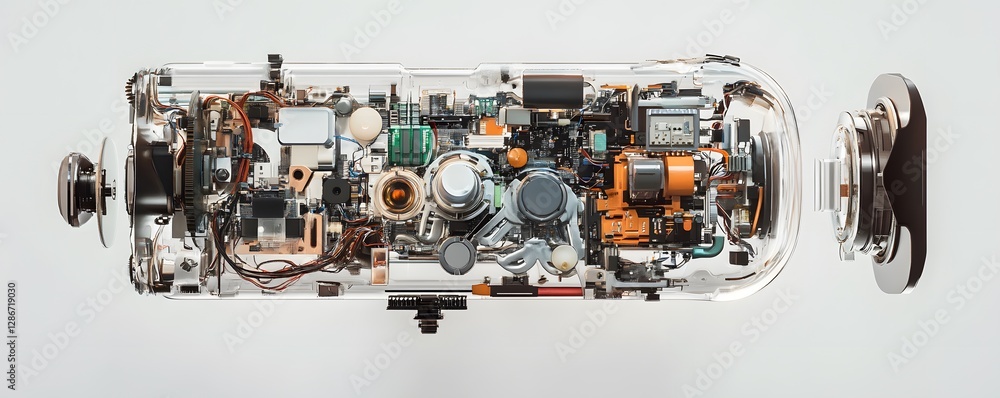 Poster a detailed view of a transparent device casing revealing intricate components inside, showcasing ele