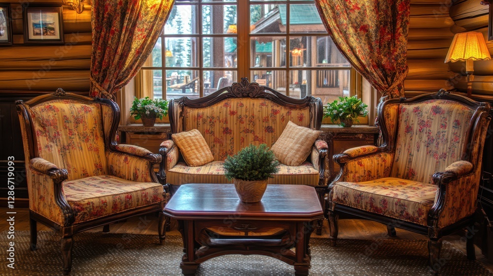 Aufkleber a cozy room features three stylish chairs arranged around a modern table, creating an inviting space