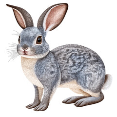 Detailed Illustration of a Jackrabbit with Distinctive Features and Fur Patterns on a Transparent Background