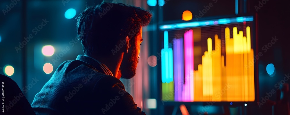 Poster a focused professional observes dynamic financial graphs and data trends on a monitor, representing 