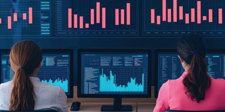 Two individuals analyze financial data on multiple screens displaying graphs and charts, focusing on trading and market trends.