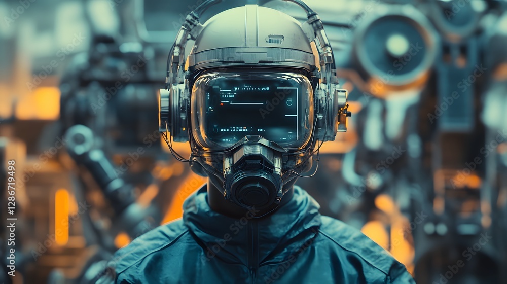 Poster a futuristic image featuring a person in a high-tech helmet and mask, surrounded by advanced machine