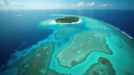 Fototapeta premium Aerial view of coral atoll surrounded by turquoise ocean waters showing signs of coral bleaching 