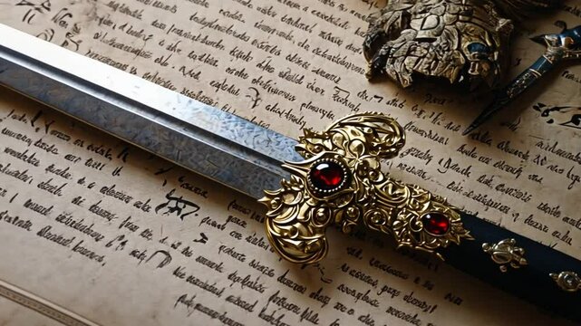 A detailed, decorative dagger and ancient manuscript with a gold and ruby hilt.