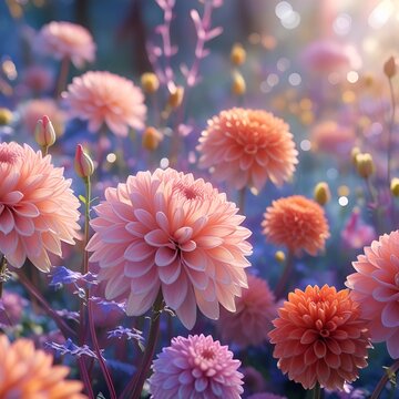 The image depicts a vivid floral garden with intricate petals, soft background, and soft bokeh effect. The lighting is warm and diffused, creating a magical, otherworldly atmosphere, capturing the bea