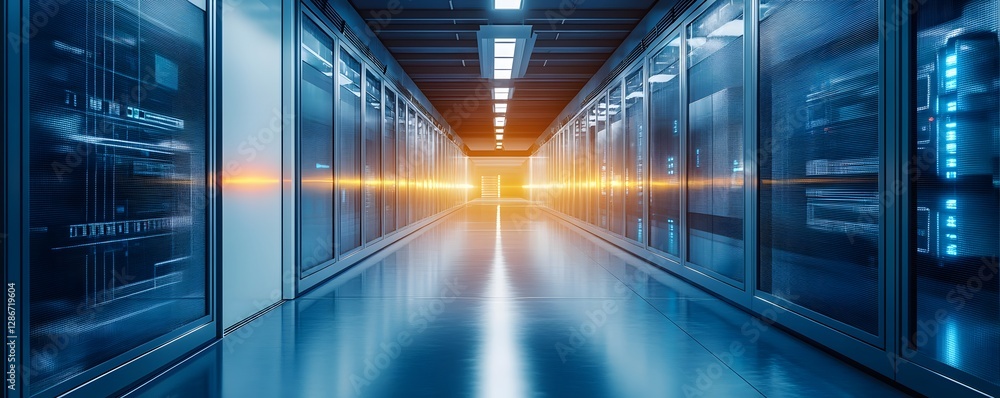 Poster a futuristic server room with blue lighting and advanced technology. the sleek design highlights the