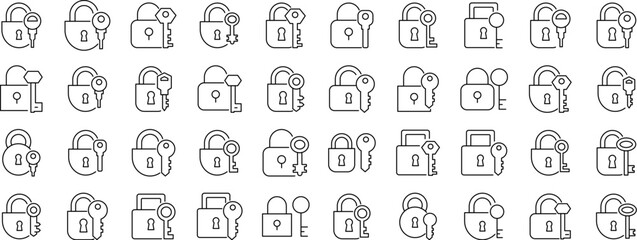 Lock and Key Thin Line Icon Set. Outline Signs for Graphic and Web Design, Apps, Adverts, Various Cards