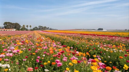 Fototapeta premium Vibrant colors of a spring flower field in full bloom, petals, sunshine, wildflowers, fauna
