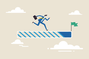 Progress or journey to success or achieve goal, business step or career path, mission or challenge to succeed, improvement concept, ambitious businessman run on progress bar to achieve success flag.
