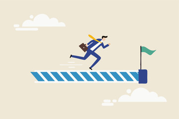 Progress or journey to success or achieve goal, business step or career path, mission or challenge to succeed, improvement concept, ambitious businessman run on progress bar to achieve success flag.