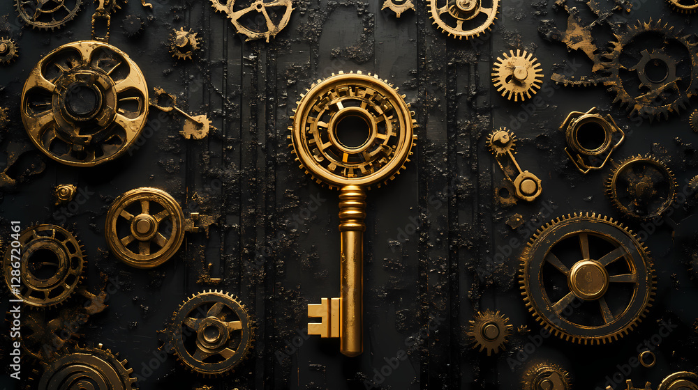 Poster golden key and gears: a detailed shot of a golden key surrounded by intricate mechanical gears on a 