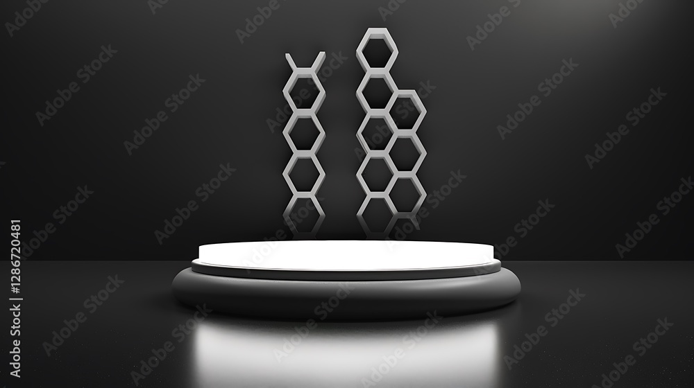 Poster a podium with a minimalistic hexagon pattern in white on a black background, highlighted by gentle l