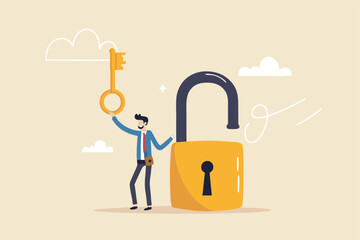 Golden key to unlock, solve business problem, professional to give solutions, success business key or unlock business accessibility concept, smart businessman holding golden key to unlock the pad.