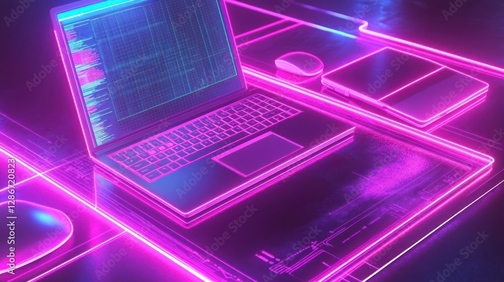 Poster laptop with coding display and neon accents for technology concept