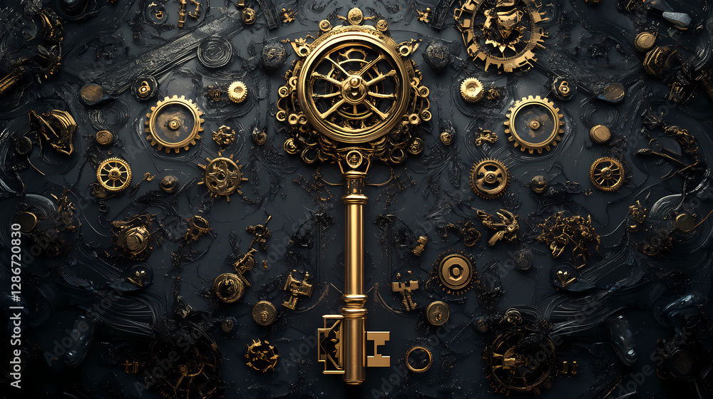 Aufkleber golden key and gears: a mesmerizing composition showcasing a radiant golden key, intricately surroun