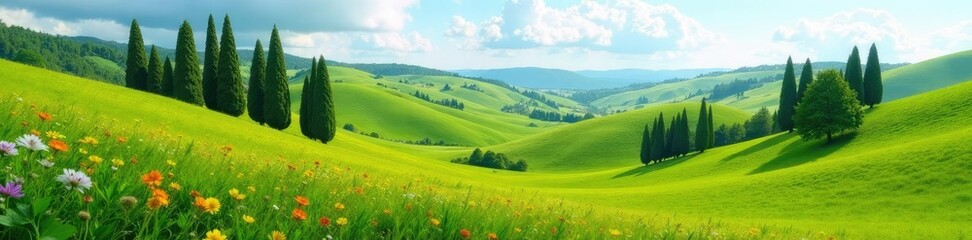 Obraz premium Rolling hills with cypress trees and wildflowers, spring, greenery