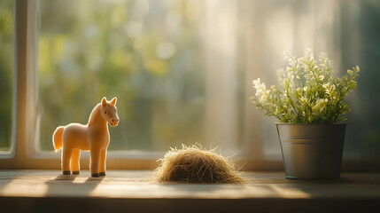 A serene scene featuring a toy horse beside a haystack and a potted flower, inviting a sense of tranquility.