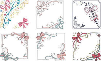Vintage bows frame for greeting cards, wedding and birthday party, picnic invitations in cute elegant coquette style. Hand drawn ribbons border illustration for social media decoration template