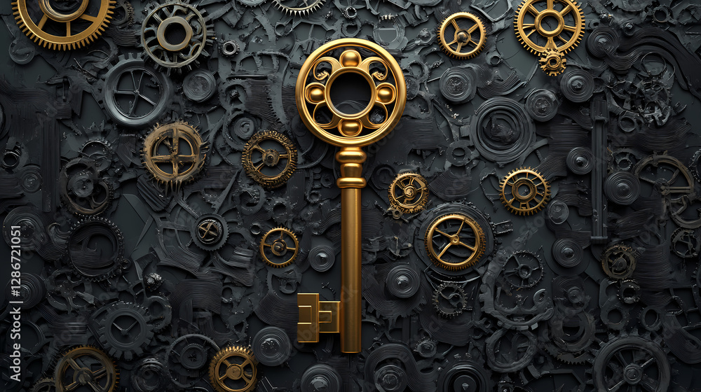 Poster golden key & gears: a gleaming golden key rests prominently amidst a backdrop of intricate gears and