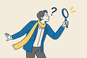 Observation or examination, curiosity to discover secret, search or analyze information, investigate or research concept, curious businessman holding magnifying glass observe data with question mark.