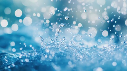 Water Splash Close-up with Blue Bokeh Background Showing Freshness