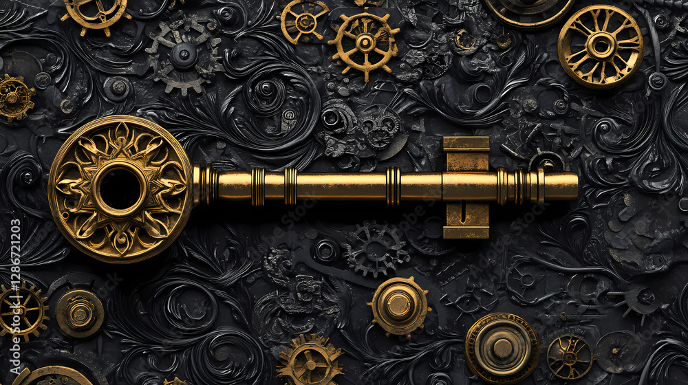 Poster intricate mechanism: a striking golden key, intricate gears, cogs and clockwork elements, set agains