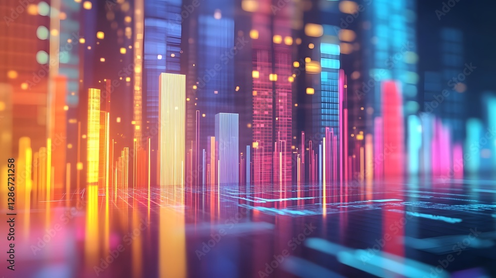 Poster a vibrant abstract representation of digital data visualization, featuring colorful bars and glowing