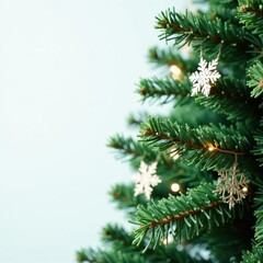 Obraz premium Green Christmas tree branch adorned with snowflakes and icicles, holiday decor, winter decor, green tree branches