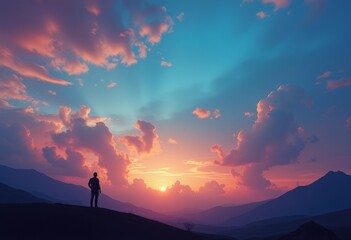 Fototapeta premium Person Overlooking a Mountain Range at Sunset
