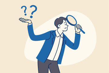 Observation or examination, curiosity to discover secret, search or analyze information, investigate or research concept, curious businessman holding magnifying glass observe data with question mark.