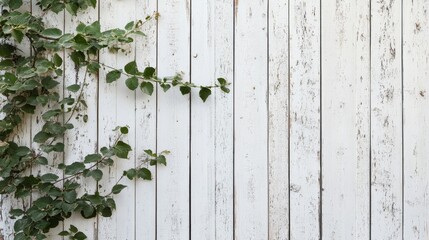 A rustic white wooden wall adorned with green climbing vines, creating a serene and nature-inspired atmosphere.