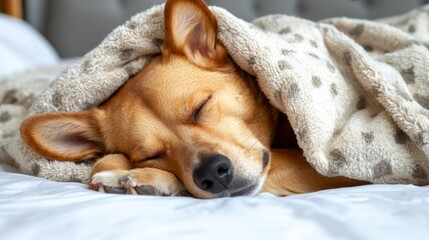 Obraz premium Cuddly corgi resting peacefully under a warm blanket on a cozy bed during a quiet afternoon