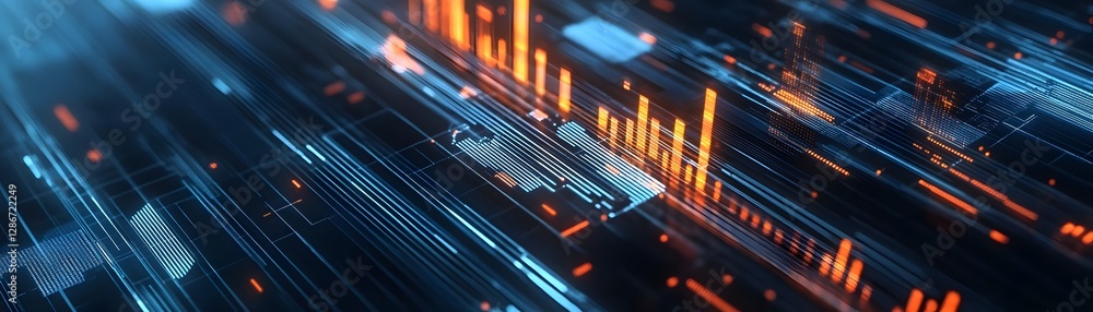 Poster abstract digital data visualization with vibrant orange and blue elements representing information f