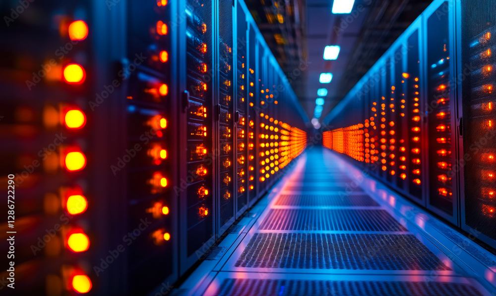 Poster illuminated data center server room with advanced technology infrastructure for high-speed data proc