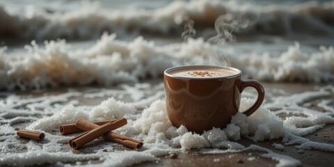 Hot Coffee on the Beach with Cinnamon Sticks and Sea Foam Relaxing Oceanside Moment