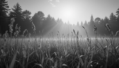 Serene Sunrise Meadow Sunbeams Through Grass and Trees Black and White Landscape