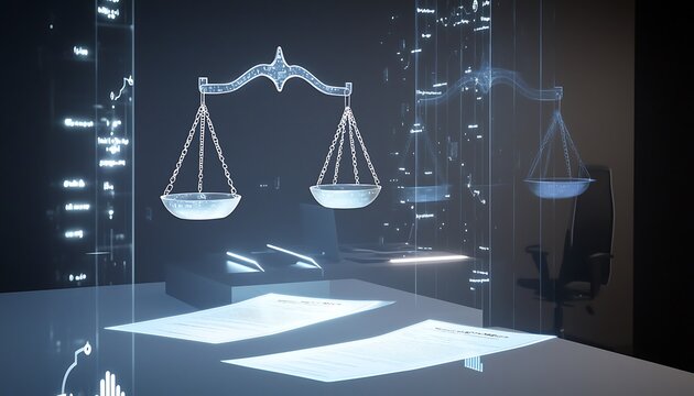 A futuristic legal consultation setup with holographic balance scales and digital contracts projected in the air.