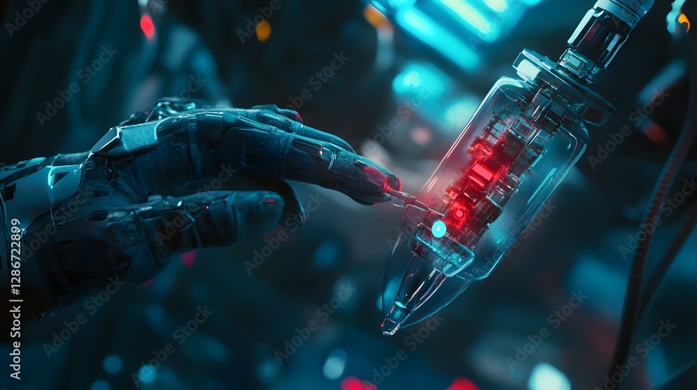 Aufkleber close-up of a robotic hand delicately interacting with a futuristic device showcasing advanced techn