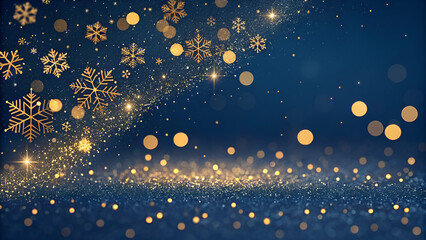 Obraz premium abstract background with Dark blue and gold particle. Christmas Golden light shine particles bokeh on navy blue background. Gold foil texture. Holiday concept. Dark blue .