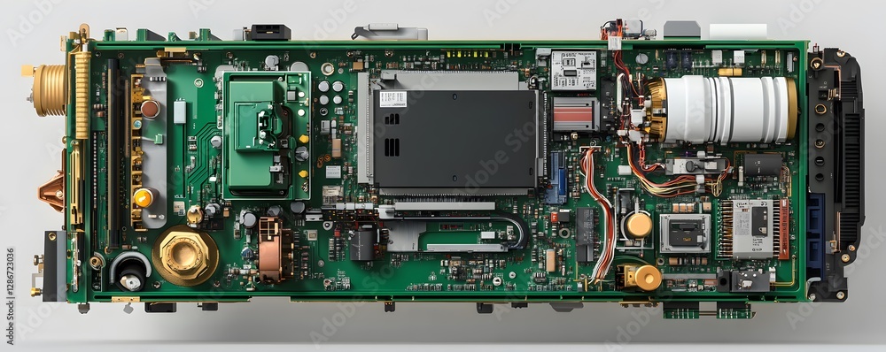 Poster close-up view of an electronic circuit board showcasing intricate components, wires, and connections